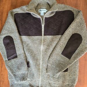 Harley Of Scotland Vintage Mens Full Zip Wool Faux Suede Patch Hunting Sweater L